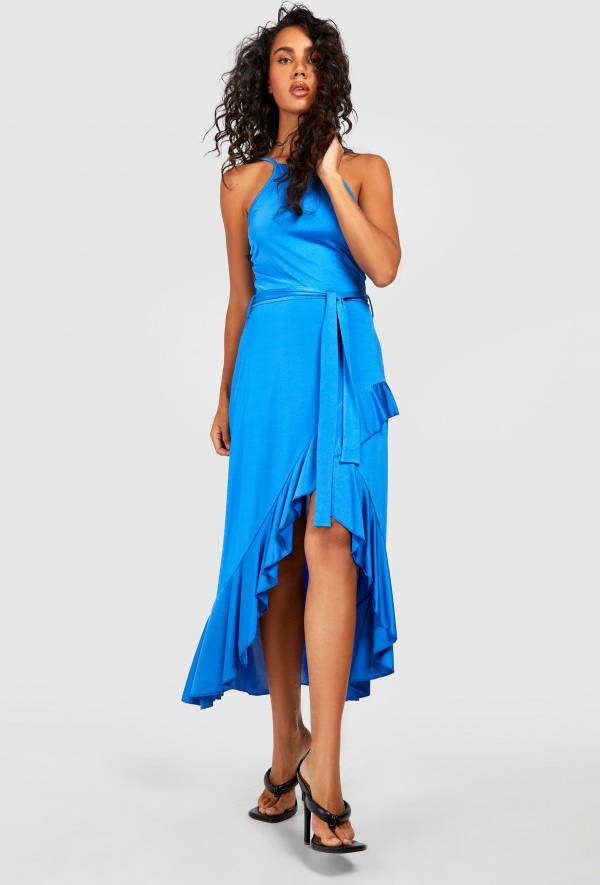 boohoo Strakke Midaxi Jurk Met Geplooide Zoom En Ceintuur, Cobalt