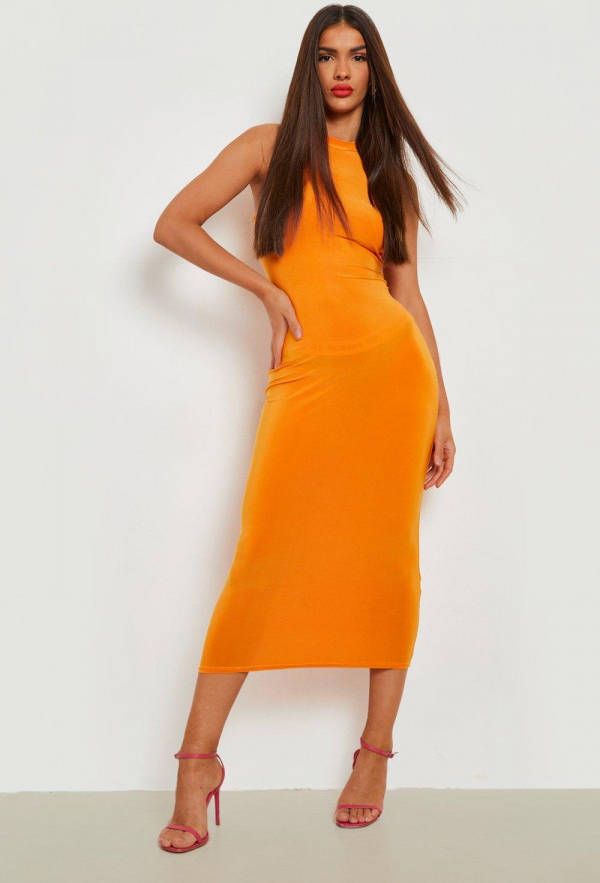 boohoo Strakke Midaxi Jurk Met Hoge Hals En Racer Hals, Orange