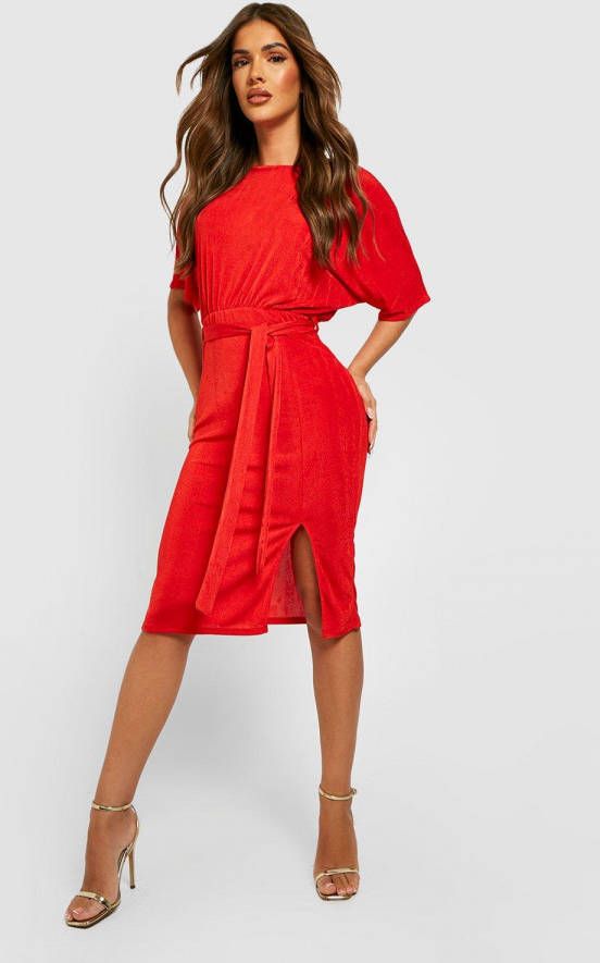 boohoo Strakke Midi Jurk Met Textuur, Shirtmouwen En Ceintuur, Red