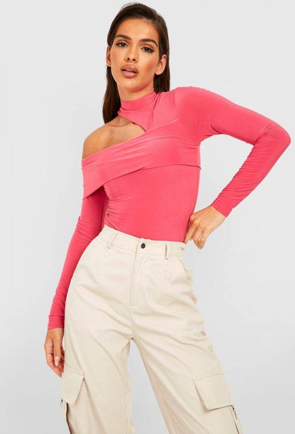 boohoo Strakke One Piece Met Dubbele Lagen En Hoge Hals, Hot Pink