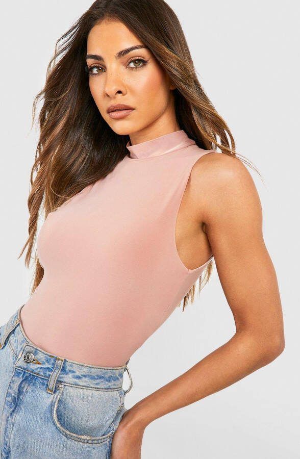 boohoo Strakke One Piece Met Dubbele Lagen En Hoge Kraag, Dusky Pink