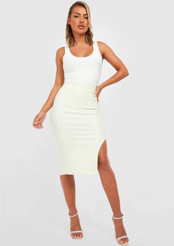 boohoo Strakke Premium Midi Rok Met Hoge Split, Ecru