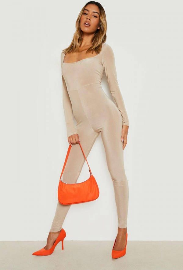 boohoo Strakke Unitard Met Lange Mouwen, Taupe