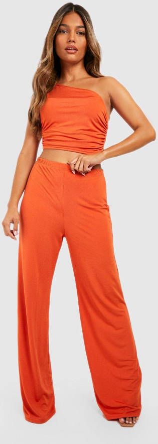 boohoo Strakke Wide Leg Broek Met Textuur, Burnt Orange
