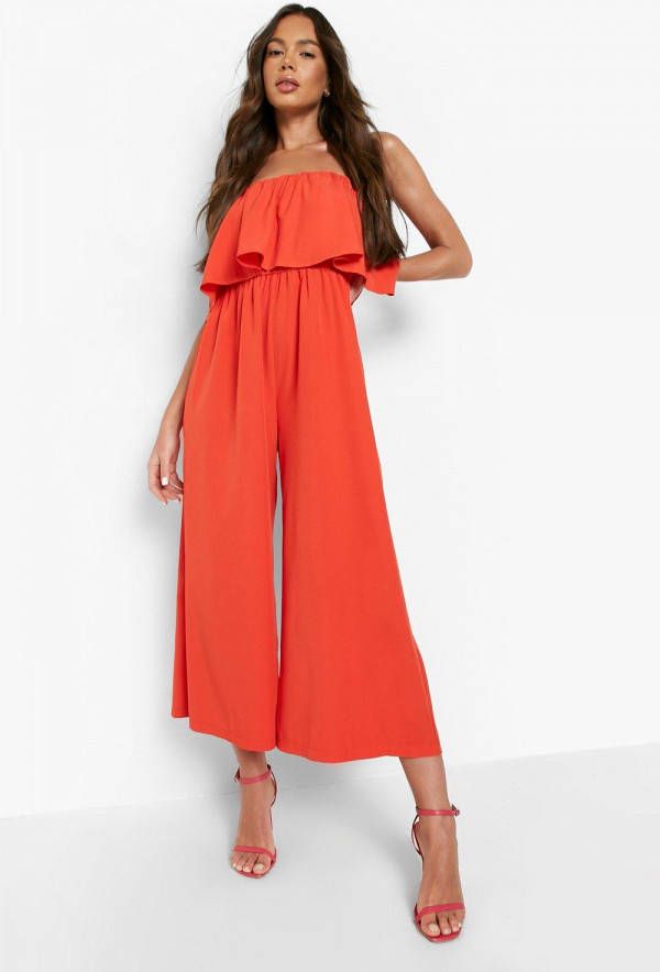 boohoo Strapless Culotte Jumpsuit Met Franjes, Red