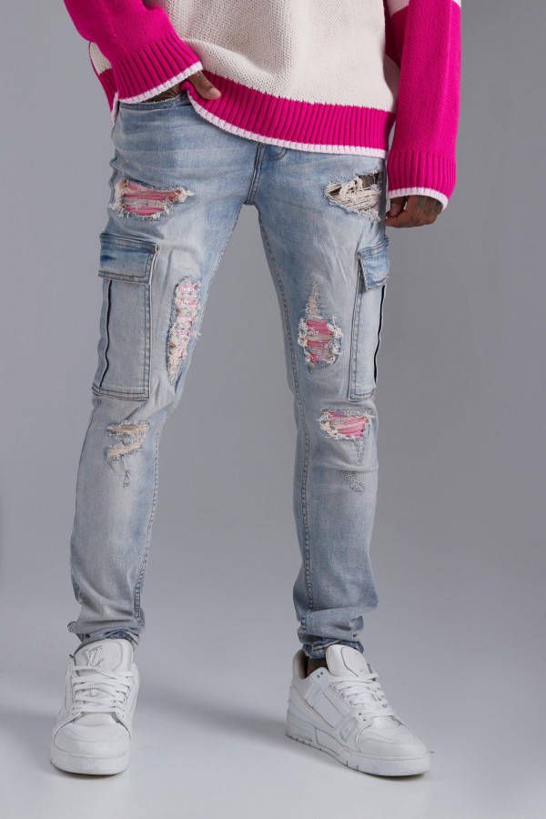boohoo Stretch Cargo Rip & Repair Skinny Jeans, Vintage Blue
