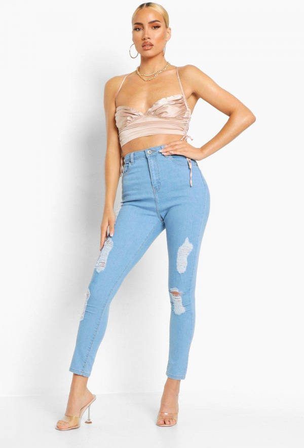 boohoo Super Versleten High Rise Skinny Jeans, Lichtblauw