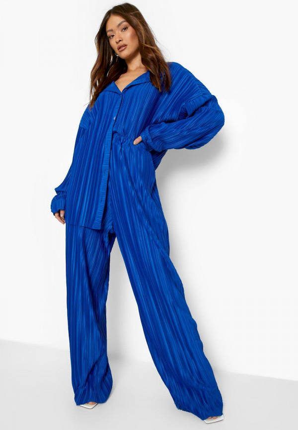 boohoo Super Lange Plisse Wide Leg Broek, Cobalt