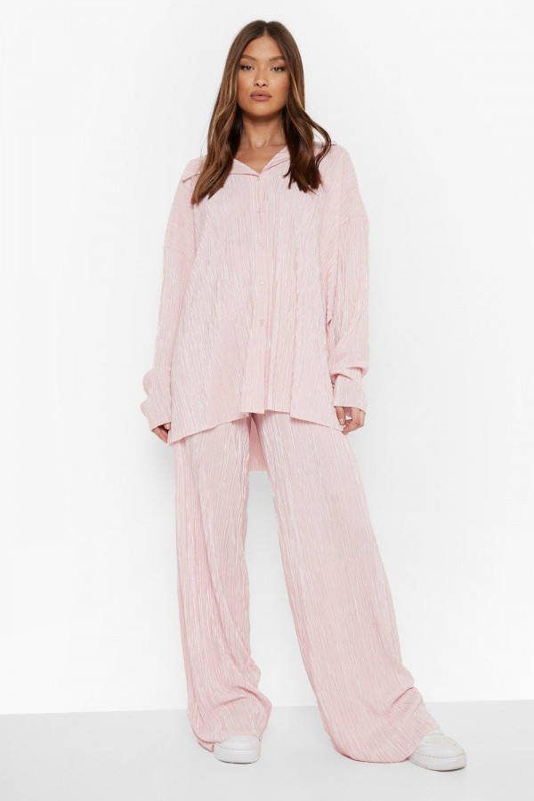 boohoo Super Lange Plisse Wide Leg Broek, Rose