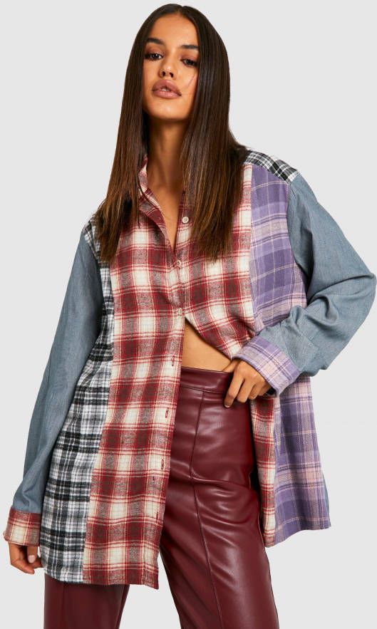 boohoo Super Oversized Geruit Denim Look Overhemd Met Patches, Grey