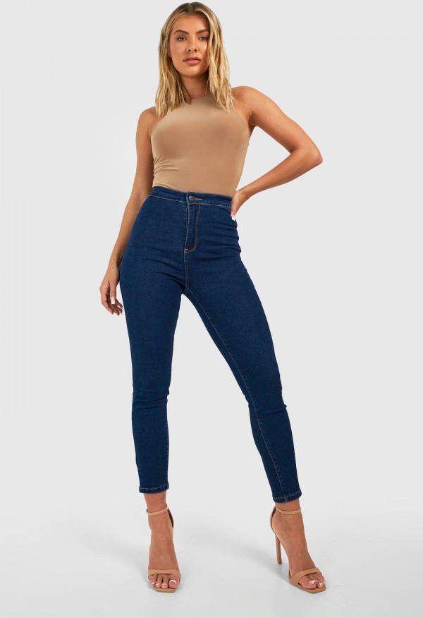 boohoo Super Stretch High Waist Disco Skinny Jeans, Dark Blue