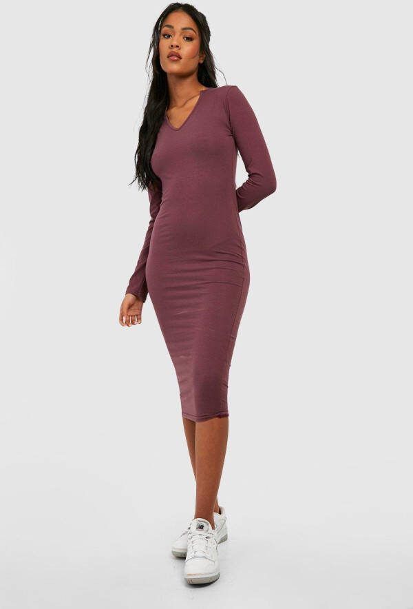 boohoo Tall Basic Gemengd Katoenen Bodycon Jurk Met Lange Mouwen En Inkeping, Plum