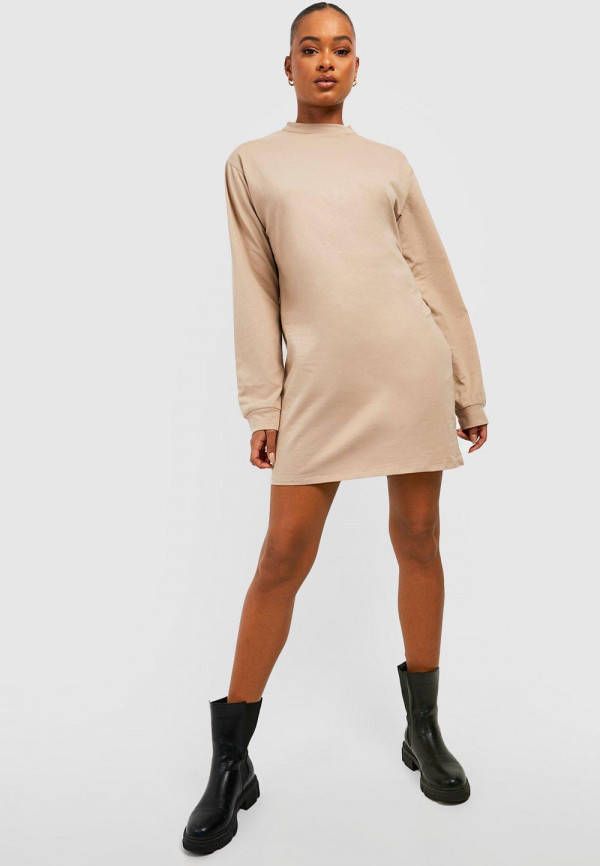 boohoo Tall Basic Oversized Gemengd Katoenen T Shirtjurk Met Lange Mouwen, Sand