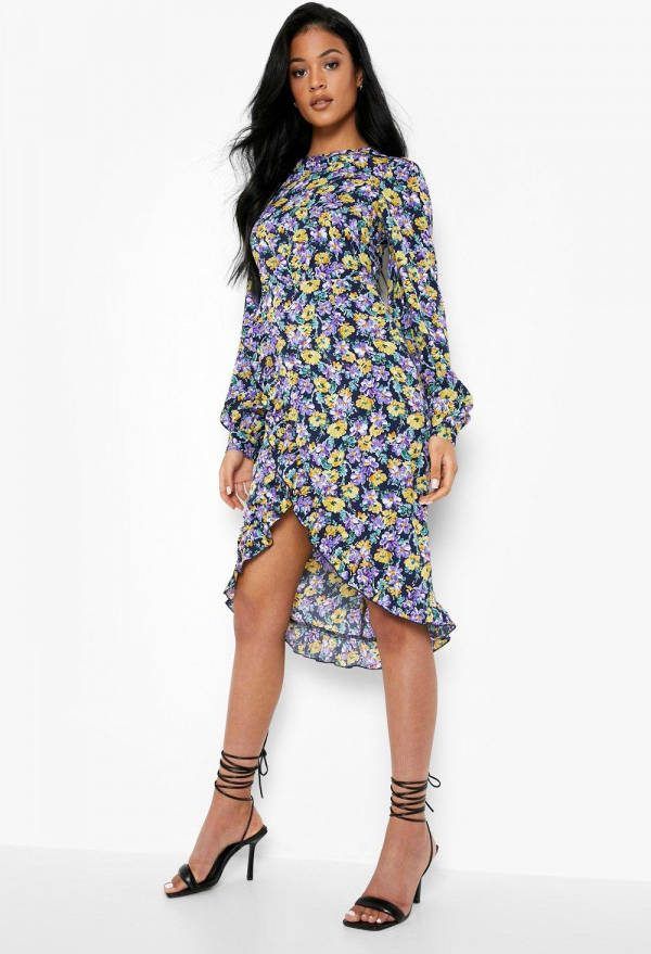 boohoo Tall Bloemen Midi Wikkel Jurk Met Franjes, Purple