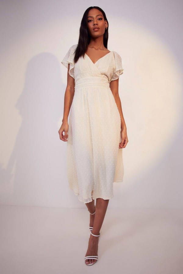 boohoo Tall Dobby Gelegenheids Midi Jurk Met Engelen Mouwen, Champagne