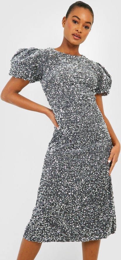 boohoo Tall Fluwelen Glitter Midi Jurk Met Pofmouwen En Pailletten, Grey