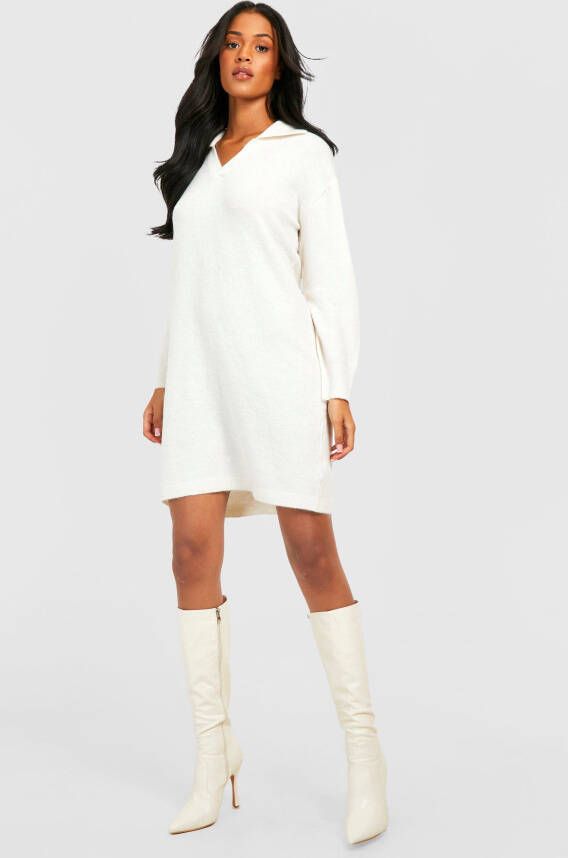 boohoo Tall Gebreide Zachte Trui Jurk Met Kraag, Stone