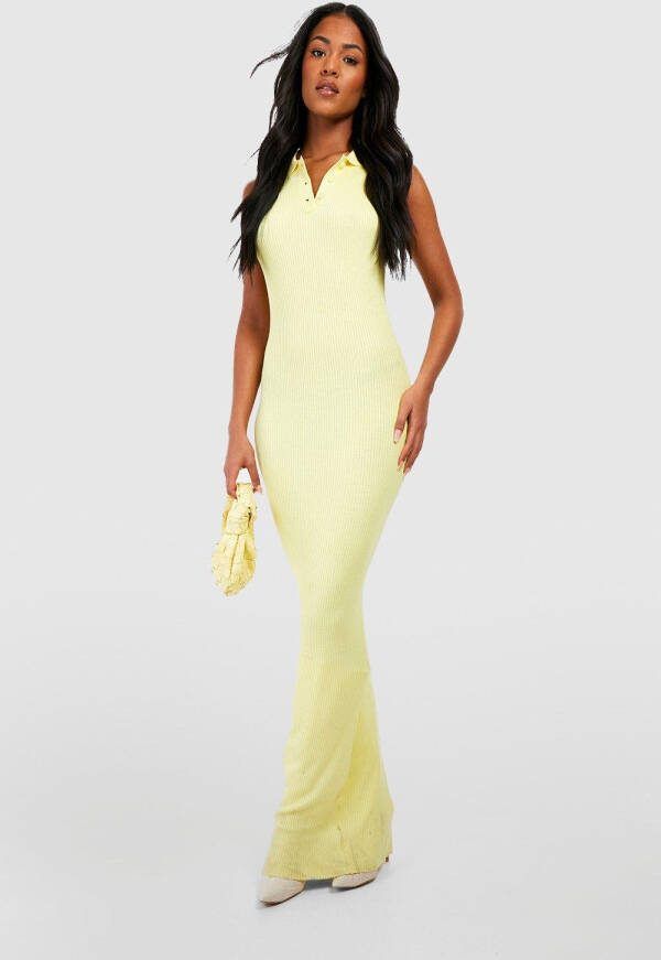 boohoo Tall Geribbelde Gebreide Maxi Jurk Met Kraag En Mouw Knopen, Lemon