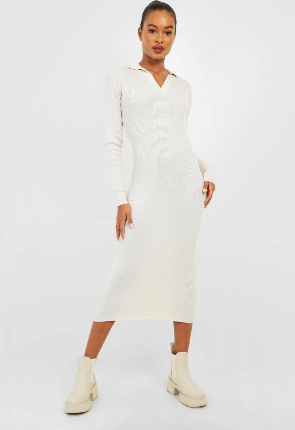 boohoo Tall Geribbelde Gebreide Midi Jurk Met Polo Kraag, Stone