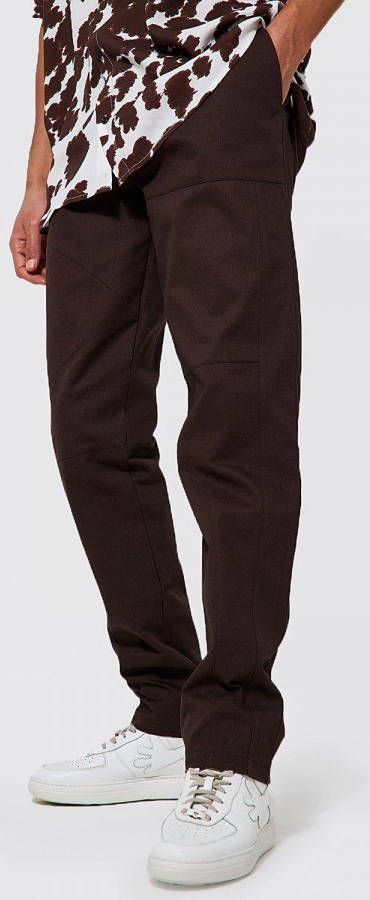 boohoo Tall Keperstof Broek Met Rechte Pijpen En Knie Patches, Chocolate