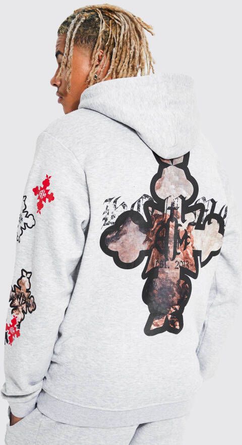 boohoo Tall Kruis Hoodie Met Badge, Grey Marl