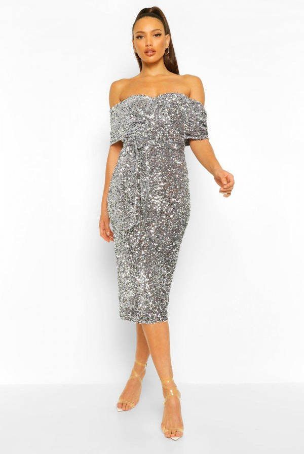 boohoo Tall Midi Jurk Met Pailletten, Ceintuur En Open Schouders, Silver