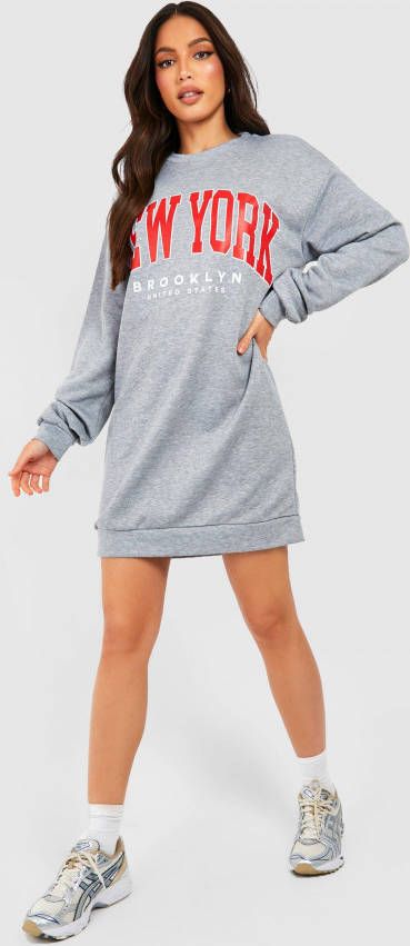 boohoo Tall Oversized New York Print Sweatshirt Jurk, Grey Marl