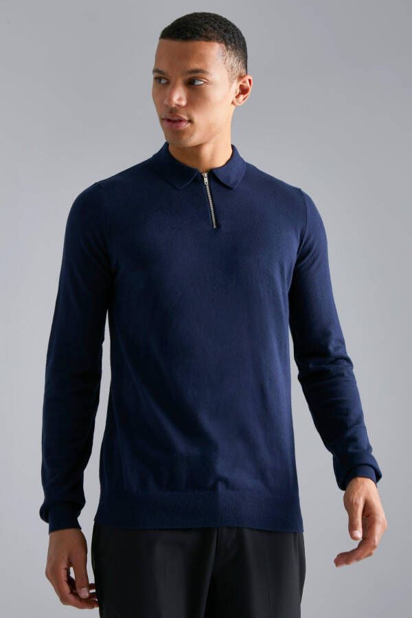 boohoo Tall Polo Met Lange Mouwen En Korte Rits, Navy