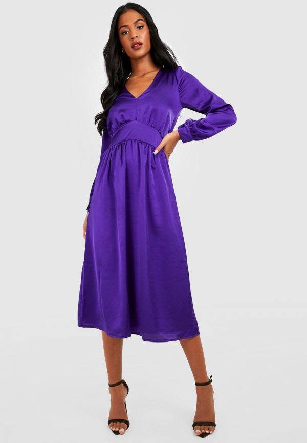 boohoo Tall Satijnen Midi Jurk Met Volle Mouwen, Purple
