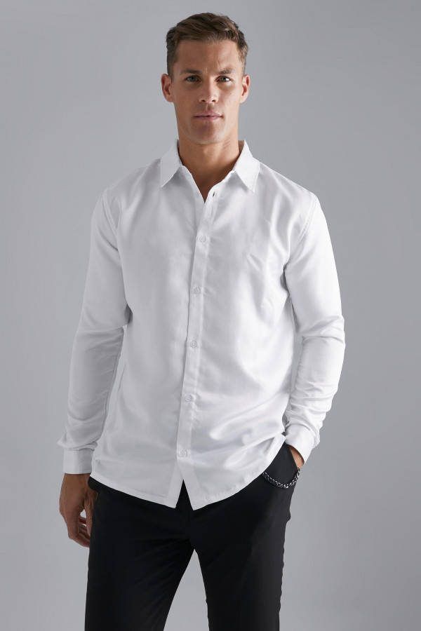 boohoo Tall Satijnen Overhemd Met Lange Mouwen, White