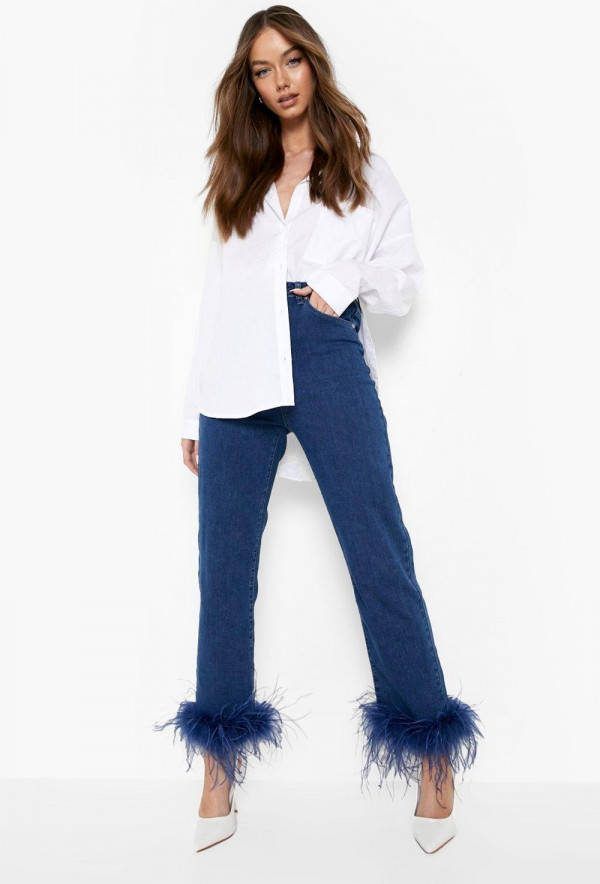 boohoo Tall Spijkerbroek Met Veren Zoom En Rechte Pijpen, Mid Blue