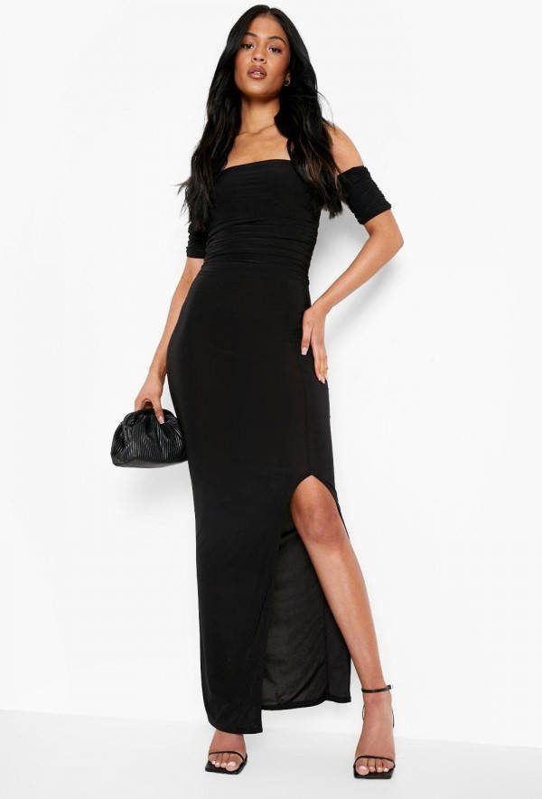 boohoo Tall Strakke Maxi Jurk Met Open Schouders, Black