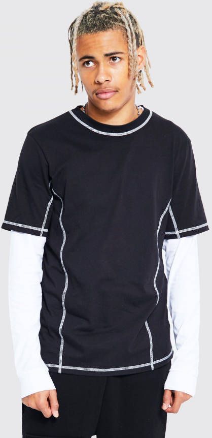 boohoo Tall T Shirt Met Neplaag En Contrasterende Stiksels, Black