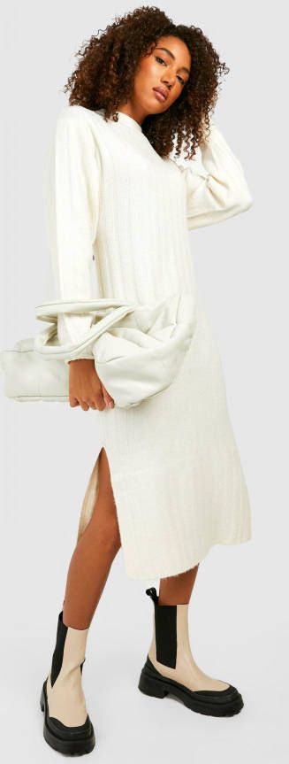 boohoo Tall Zachte Dikke Geribbelde Gebreide Midaxi Jurk, Stone