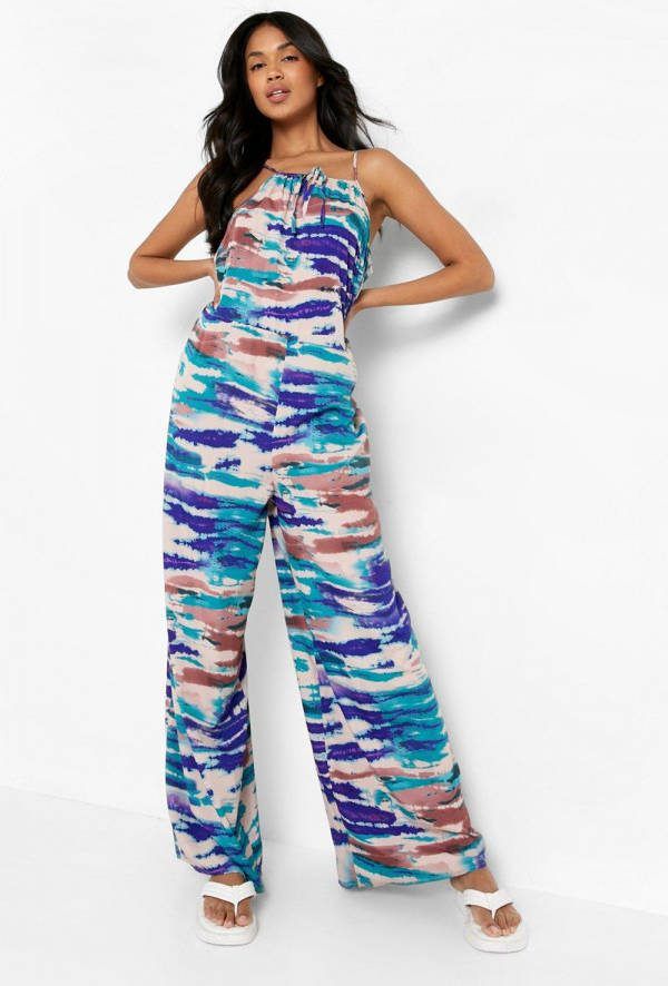 boohoo Tie Dye Trapeze Jumpsuit Met Bandjes, Purple