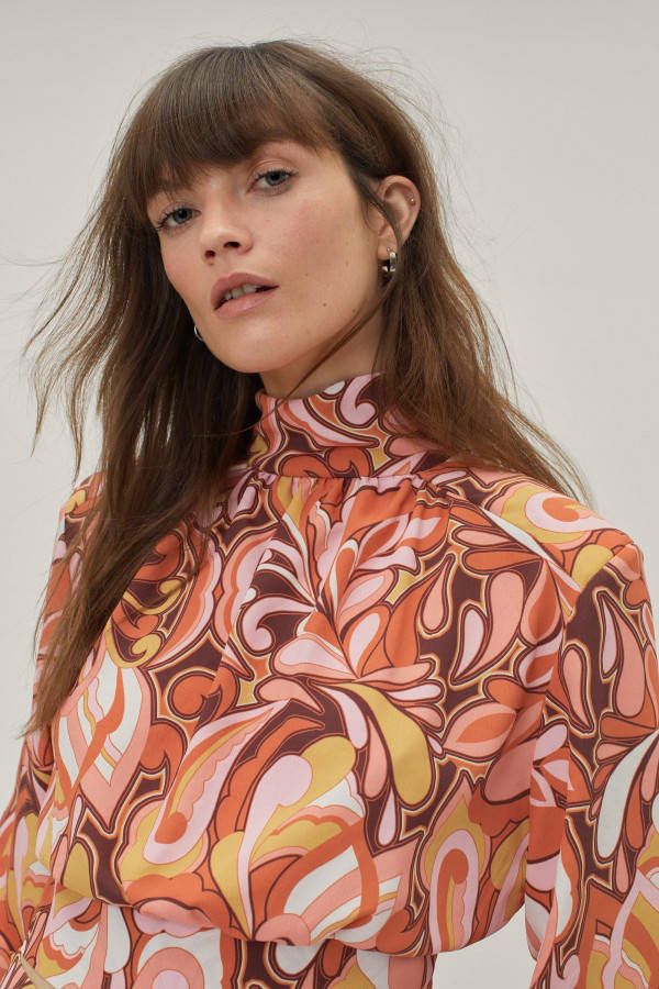 boohoo Top Met Hoge Hals, Print En Lange Mouwen, Multi