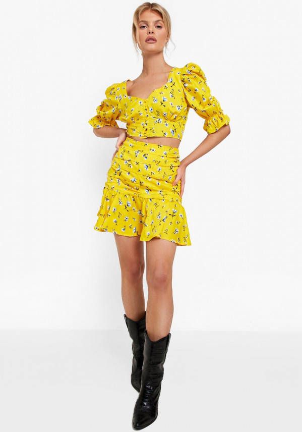 boohoo Top Met Print En Pofmouwen En Geplooid Mini Rokje, Yellow