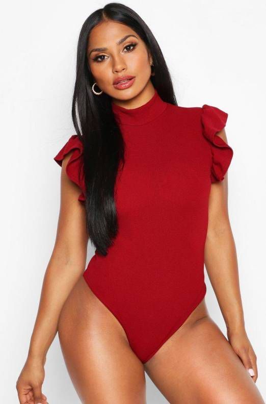 boohoo One Piece Met Franjes Mouwen En Hoge Hals, Berry
