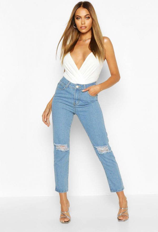 boohoo Versleten Spijkerbroek Met Rechte Pijpen En Hoge Taille, Light Blue