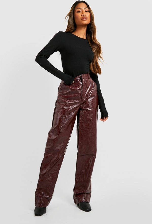 boohoo Vinylen Wide Leg Broek, Burgundy