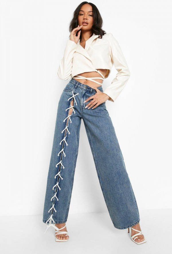 boohoo Vormende Wide Leg Jeans Met Zij Veters, Mid Blue