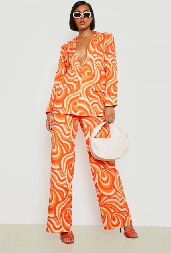 boohoo Wide Leg Broek Met Abstracte Print, Orange