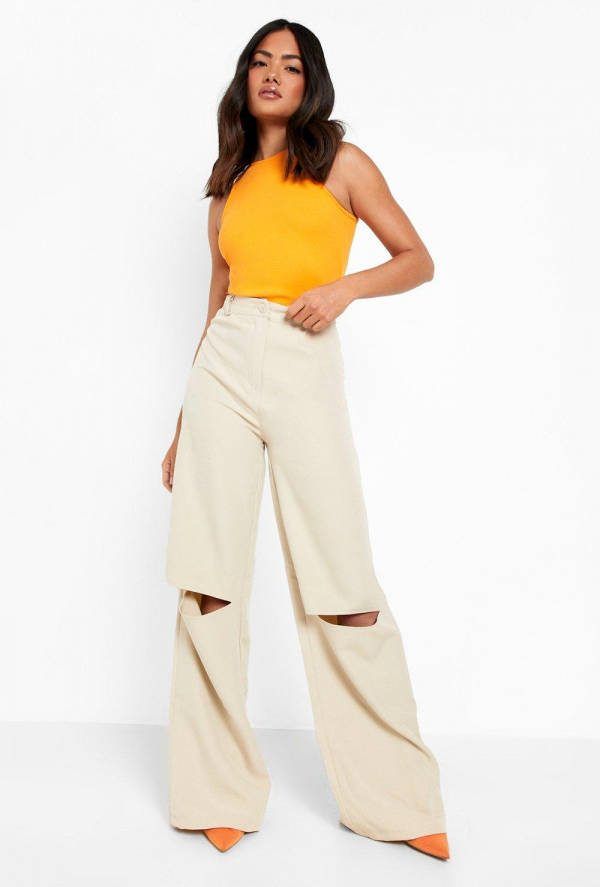 boohoo Wide Leg Broek Met Gescheurde Knieë, n, Sand
