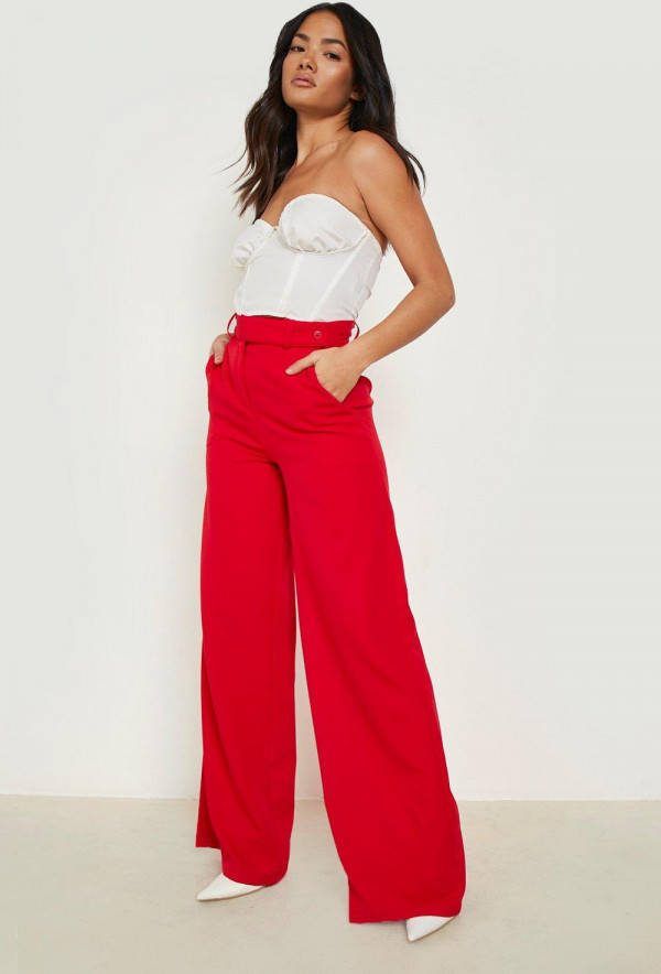 boohoo Wide Leg Broek Met Knoop Detail, Red