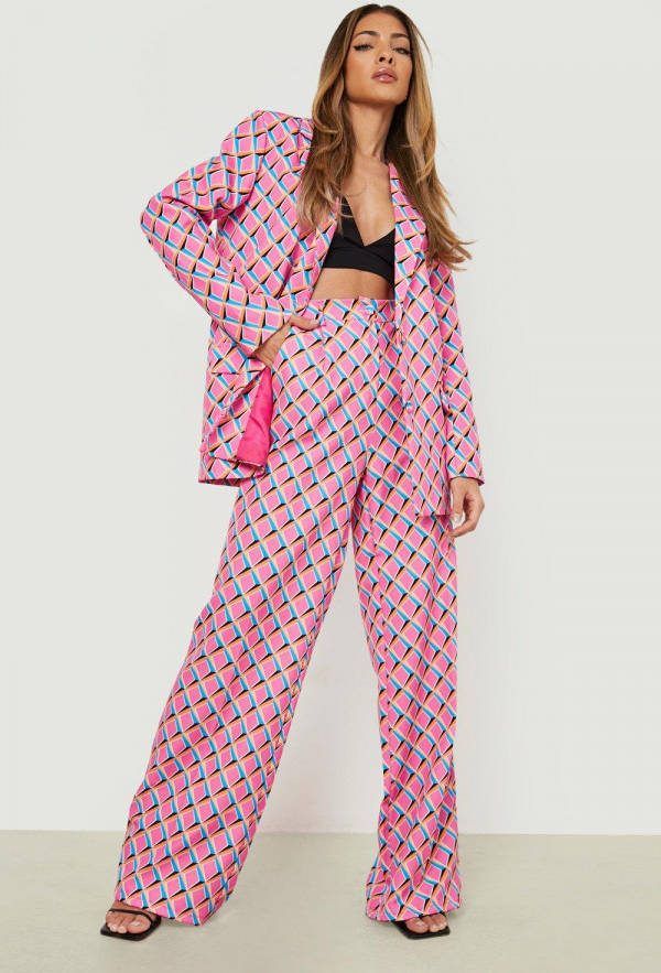 boohoo Wide Leg Geo Print Broek, Pink