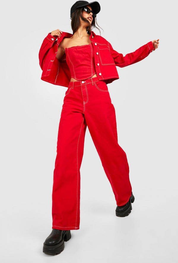 boohoo Wide Leg Jeans Met Contrasterende Stiksels, Red