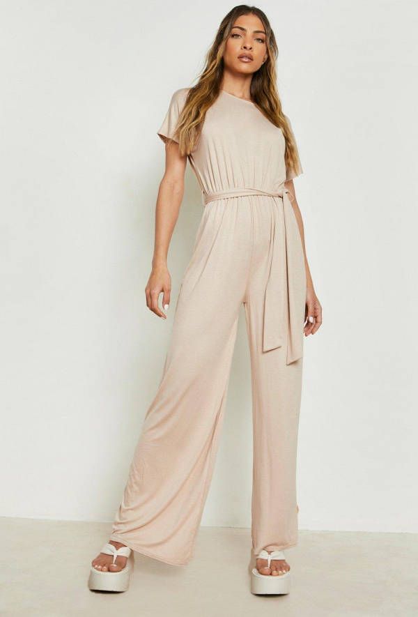 boohoo Wide Leg Jumpsuit Met Ceintuur, Stone