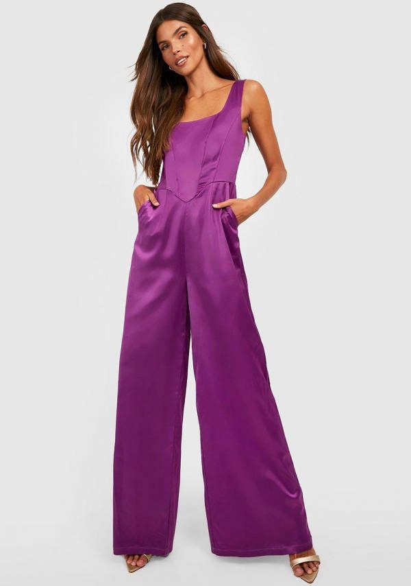 boohoo Wide Leg Jumpsuit Met Korset Detail, Purple