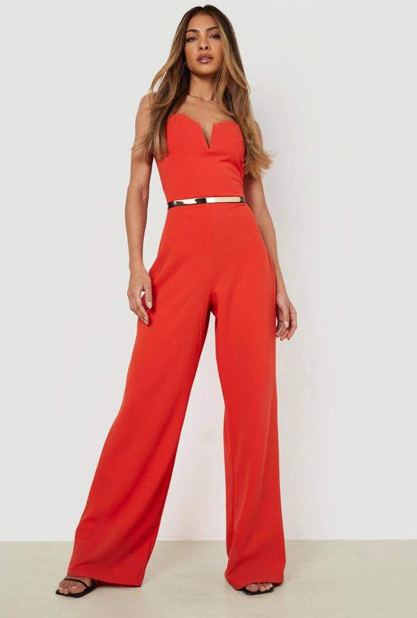 boohoo Wide Leg Jumpsuit Met Laag Decolleté, En Ceintuur, Burnt Orange