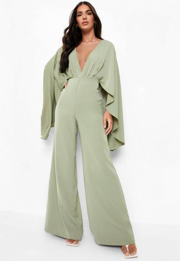 boohoo Wide Leg Jumpsuit Met Laag Decolleté, En Vleermuismouwen, Olive